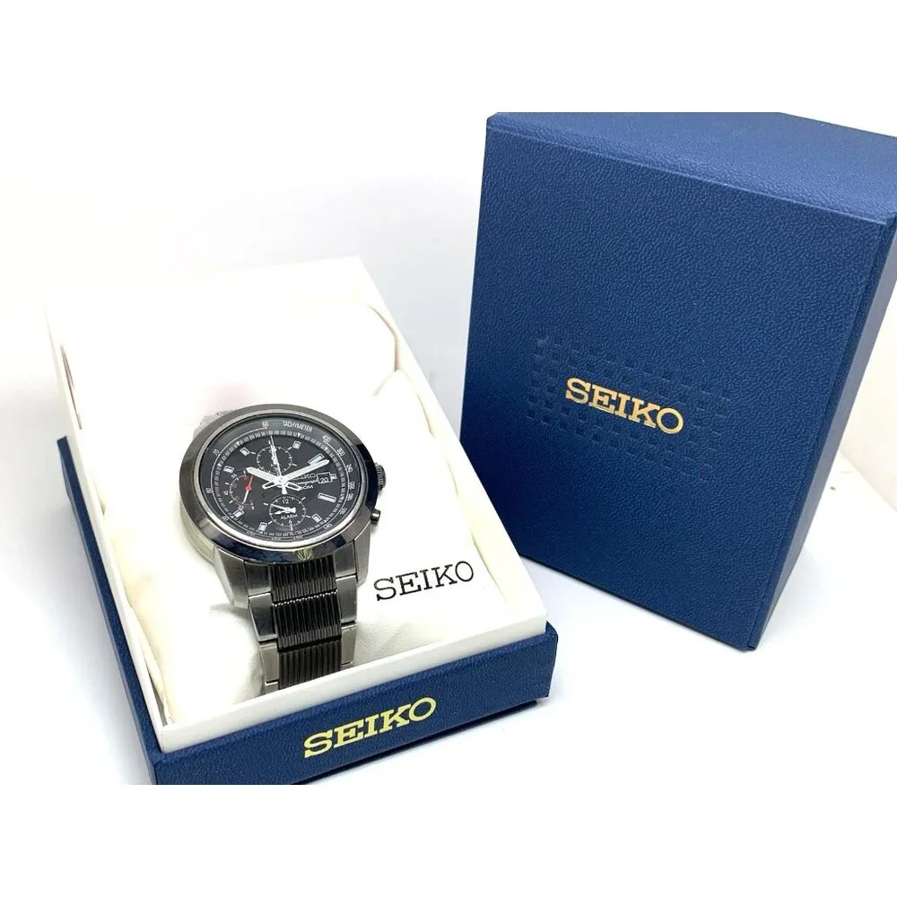 Seiko Men's Watch SNAB19 Quartz Chronograph Black Silver Stainless Steel 44mm